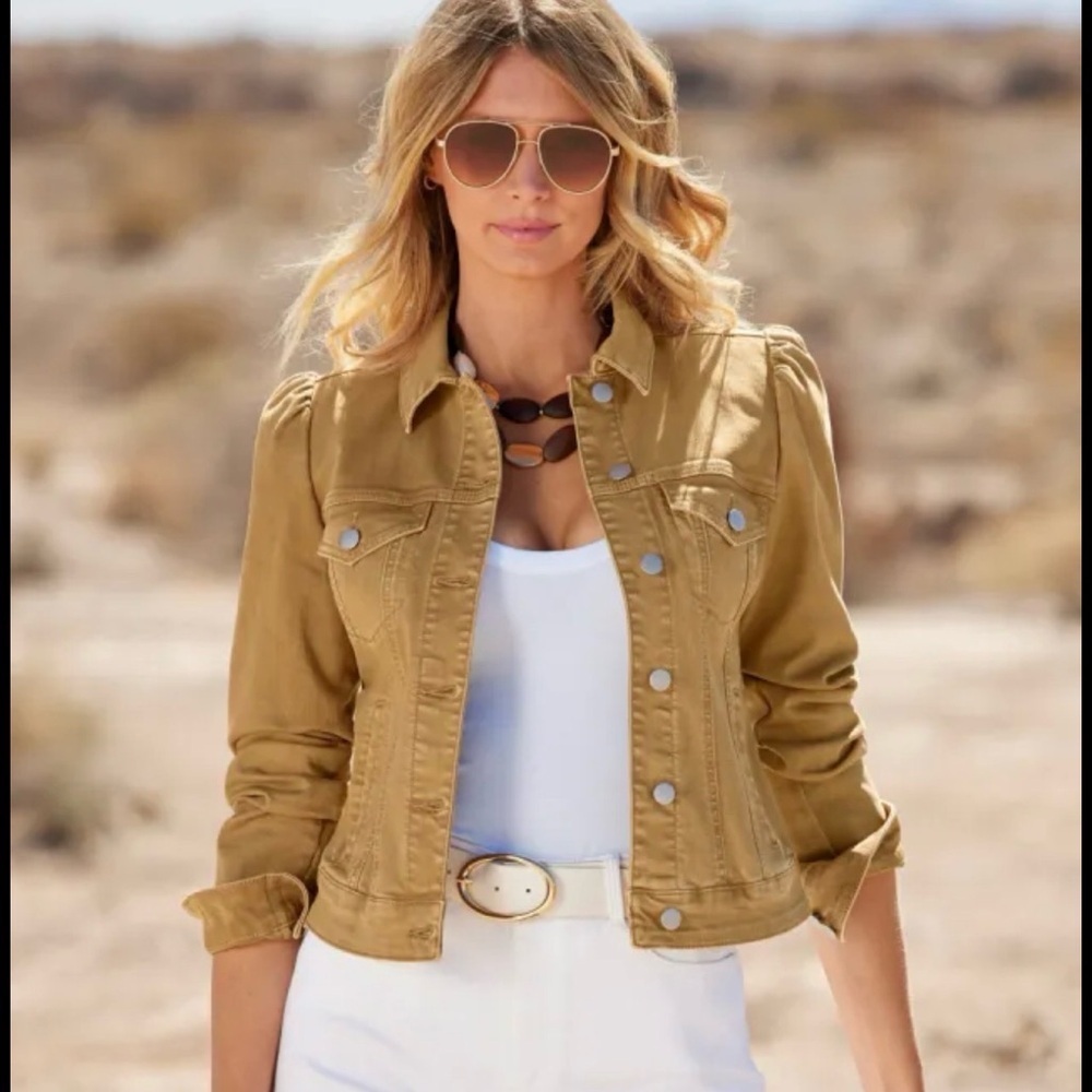 Free People Tan Caramel Brown Jean Jacket Metal Buttons Cropped Size XS